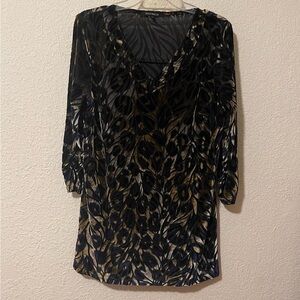 RAFFINALLA Velvet Burnout Leaf Print‎ V Neck 3/4 Sleeve Tunic Dress Black Gold